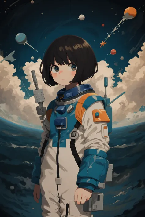 a woman in a space suit holding a gun and looking at the sky