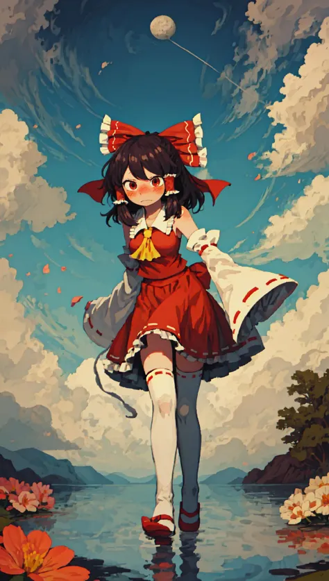 hakurei reimu, detached sleeves, hair bow, blush, looking down, shy, bashful, standing, crossed ankles, looking afar, adult, medium breasts, (outdoors, nature, flowers:1.1), thighhighs