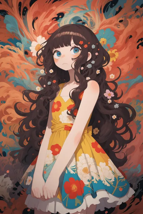 masterpiece, surreal, abstract, 1girl, dress, floral print, long hair, straight hair