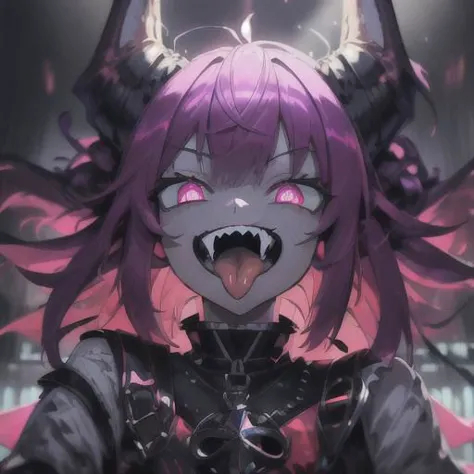 anime girl with pink hair and horns sticking out her tongue