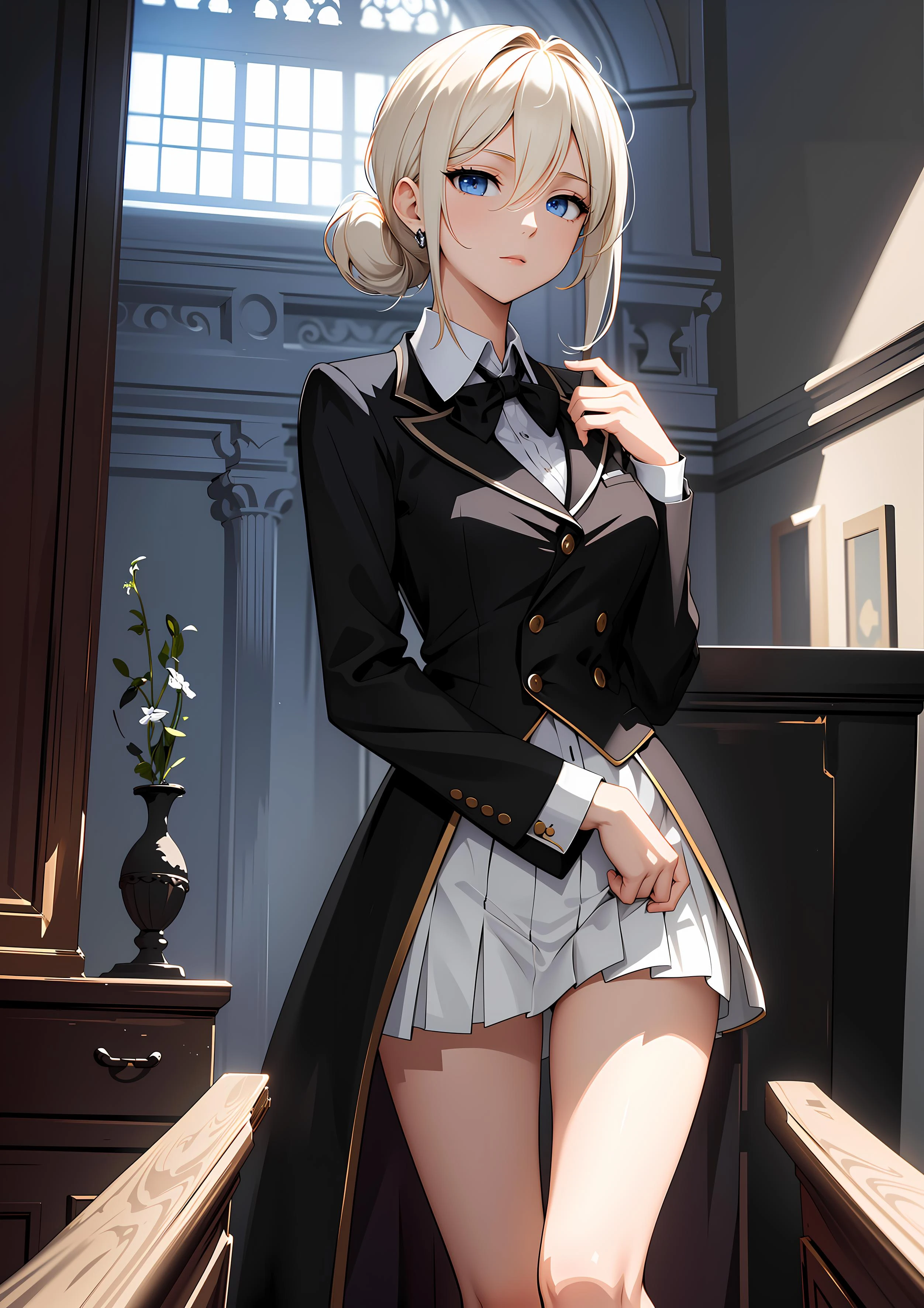 (fantasy:1.4), (anime), ((extremely detailed 8k illustration)), highres, (extremely detailed and beautiful background), ultra detailed painting, professional illustrasion, Ultra-precise depiction, Ultra-detailed depiction, (beautiful and aesthetic:1.2), HDR, (depth of field:1.4), (butler girl), blue eyes, (half-closed eyes), bored, blonde hair, medium hair, (asymmetrical hair), (side ponytail), (hair between eyes), oily skin, thin pubic hair, Long Sleeve Shirts, Black socks, butler uniform, Fine suit,