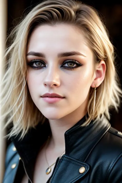 a close up of a woman with blonde hair wearing a black jacket