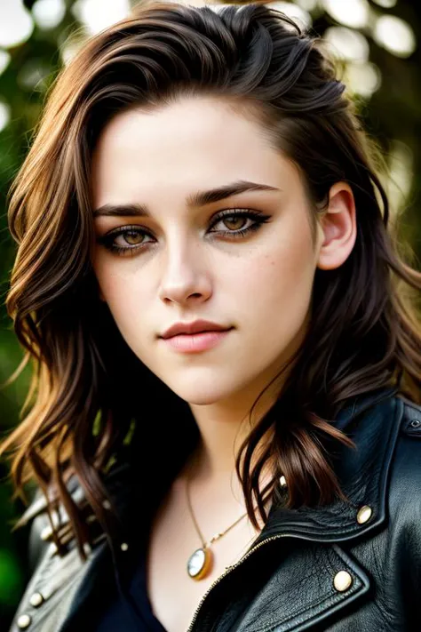 a close up of a woman wearing a leather jacket and necklace