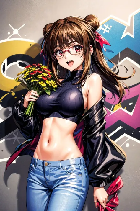 a woman in a black top and jeans holding a bouquet of flowers