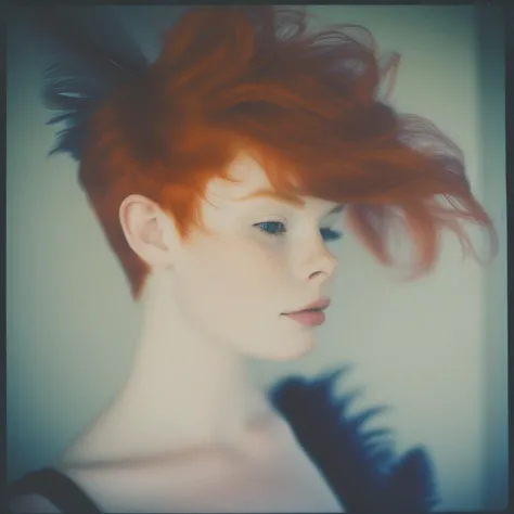 Glamour portrait photo of a 22yo, beautiful winsome, demure, film, Redhead, undercut, cat, grey, like, feathers, flirtatious, shallow depth of field, Shot using a Polaroid Land Camera Model 95 Camera, using a 114mm f/8.8 lens, on Polaroid Color film, in the style of Dora Maar, Rule of thirds