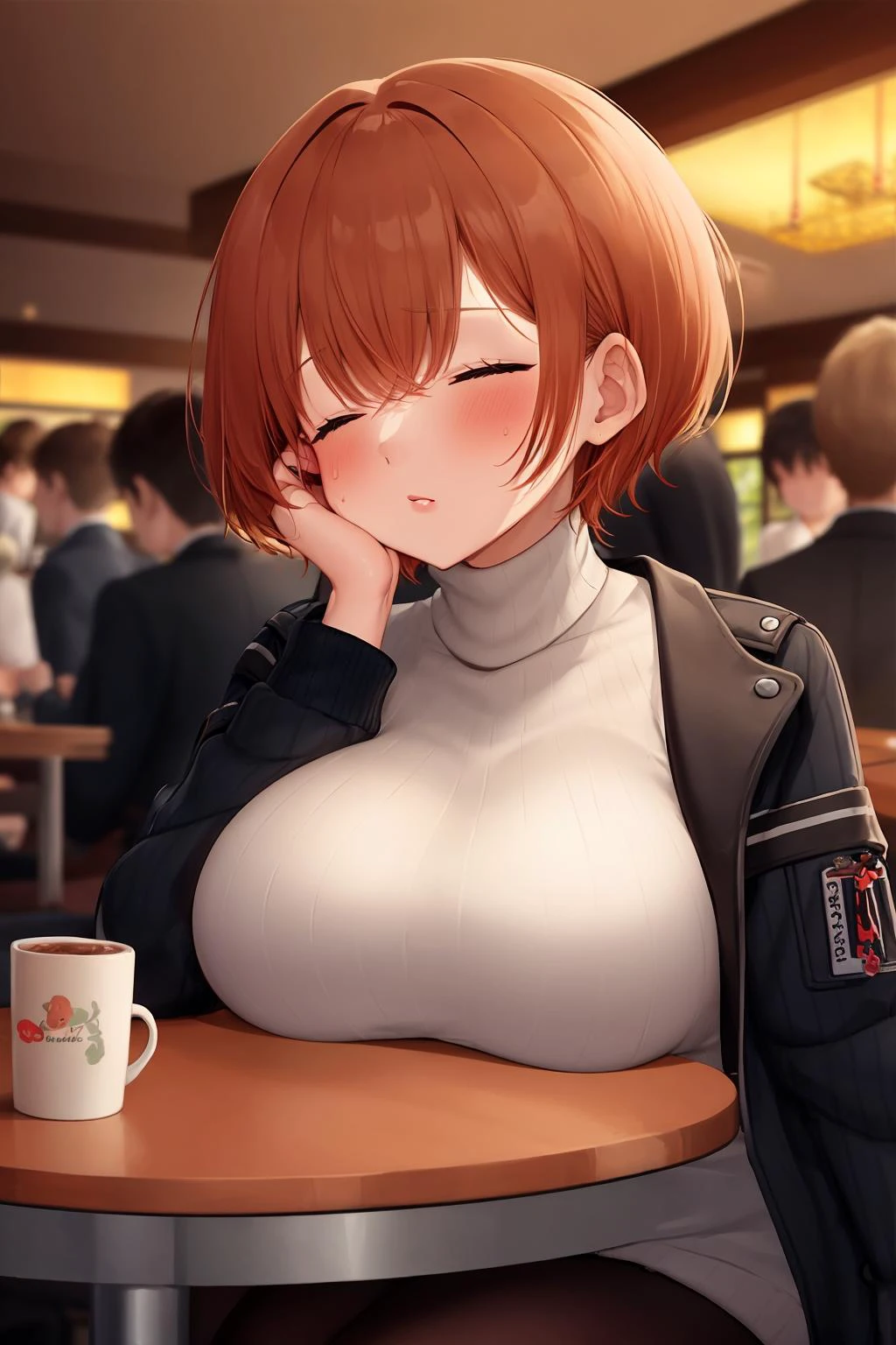 ((((ultra illustrated style:1.0)))),best quality,best animated,masterpiece,ray tracing, global illumination,breast rest, breasts on table, restaurant, 1girl, sweater, closed eyes, blush, large breasts, solo focus, jacket, turtleneck, sitting, indoors, short hair, white sweater, turtleneck sweater, bangs, cup, ribbed sweater, red hair, orange hair, multiple boys, sweatdrop
 