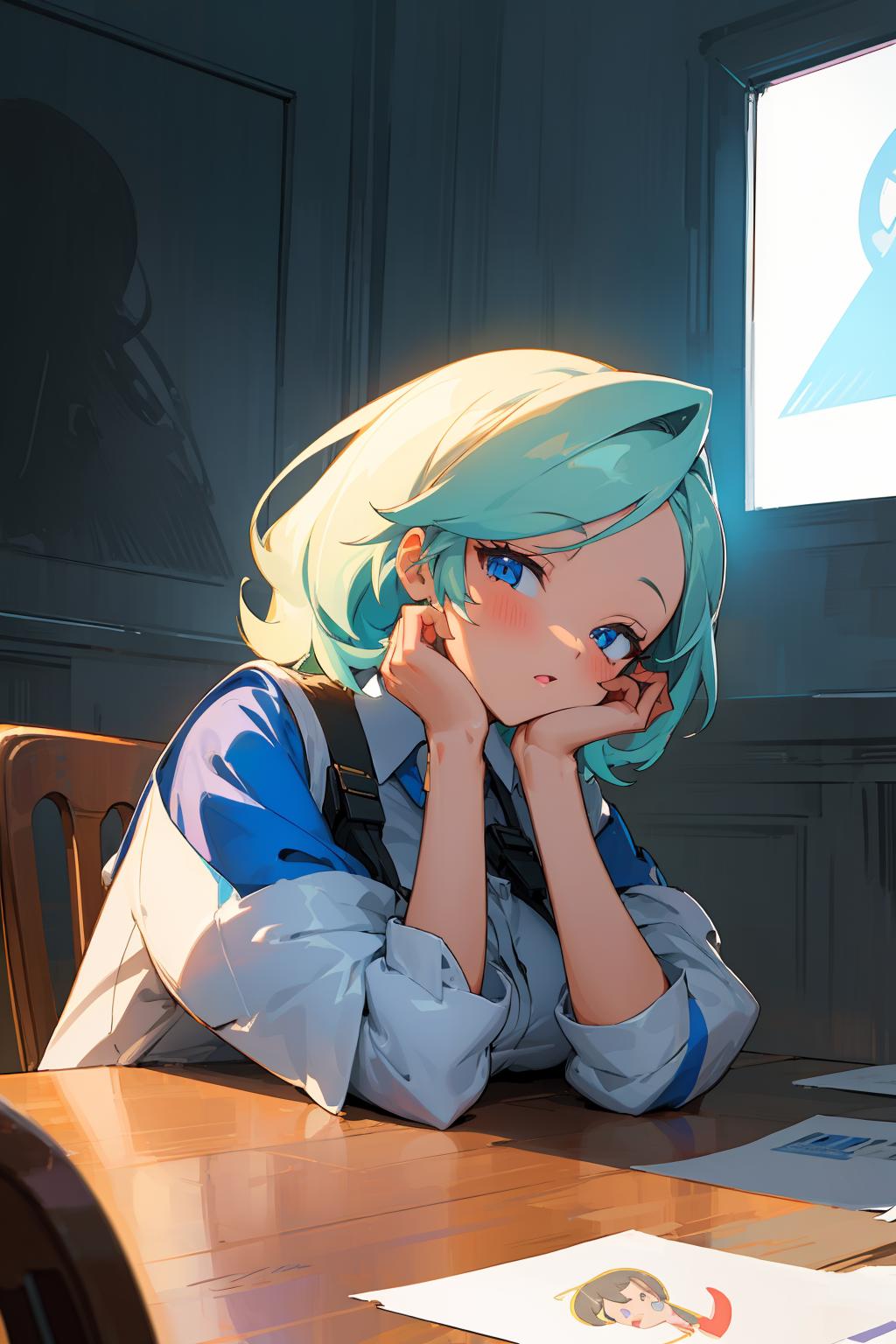 Anime girl sitting at a table with her head on her hands - SeaArt AI