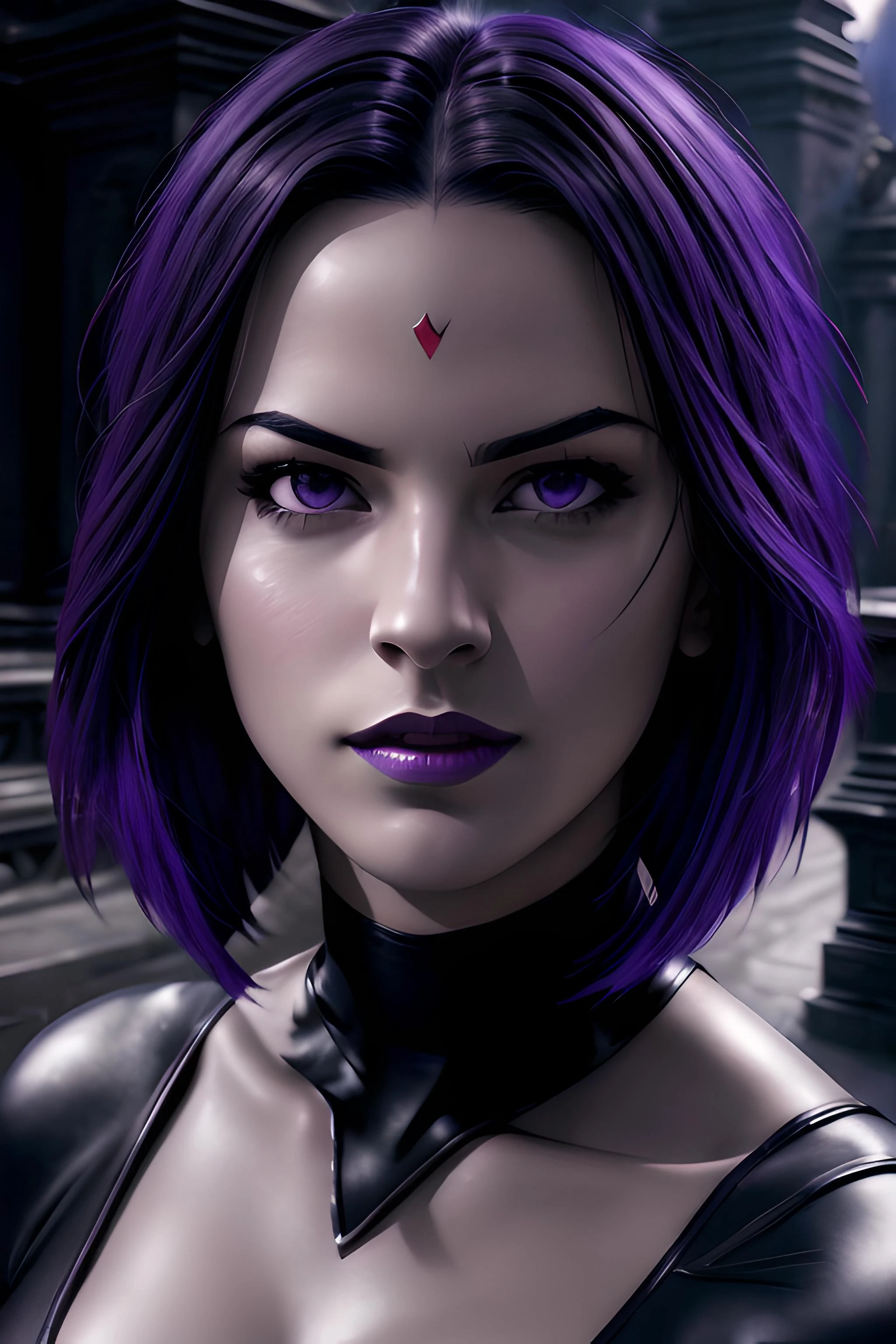 A close up of a woman with purple hair and a black top - SeaArt AI