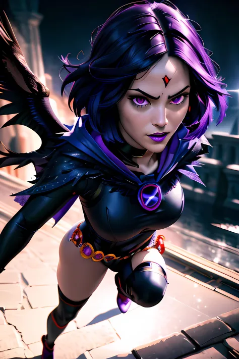 masterpiece, best quality, , raven \(dc\), raven from teen titans, 1girl, superhero, black leotard,
masterpiece, best quality, highest quality, cinematic lighting, (volumetric lighting), extremely detailed CG unity 8k wallpaper, focused, 8k wallpaper, 4k wallpaper, extremely detailed, ultra realistic, photorealistic, sharp focus, absurdres, (HDR:1.2), (high contrast), photograph, detailed and intricate, Instagram, vibrant, 4K HQ, sharp focus, (Ultra realistic [[photo]], detailed face:1.0), (detailed eyes:1.0), (realistic photo:1.1), (masterpiece:1.0), detailed background, (full body),  texture, textured hair, 
purple hair, short hair, large breasts, purple cape, red eyes, (nude), round ass, 
