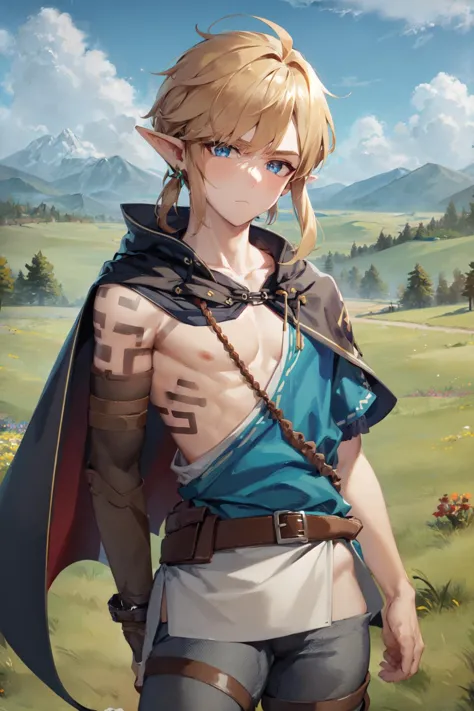 (masterpiece:1.3), best quality, ultra-detailed, cowboy shot, solo, male focus, 1boy, link \(totk\), arm tattoo, expressionless, looking at viewer, tunic, cape, pants, belt, single bare shoulder, blue sky, clouds, plains, grass, trees, flowers, mountains