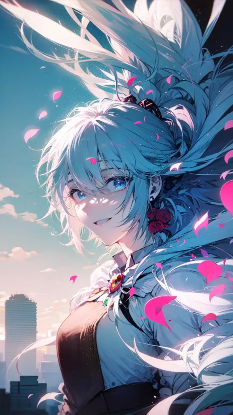 masterpiece, best quality, 1girl, (colorful),(finely detailed beautiful eyes and detailed face),cinematic lighting,bust shot,extremely detailed CG unity 8k wallpaper,white hair,solo,smile,intricate skirt,((flying petal)),(Flowery meadow) sky, cloudy_sky, building, moonlight, moon, night, (dark theme:1.3), light, fantasy, background, <lora:LichtV1:0.8>, light and shadow, lighting,