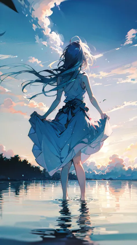 masterpiece, best quality, absurdres, illustration, watercolor, 1girl, solo, long hair, black hair, dress, skirt hold, wading, sleeveless, barefoot, bare shoulders, standing, from behind, outdoors, cloud, sky, bird, water, rainbow, background, <lora:LichtV1:0.85>, light and shadow, lighting,