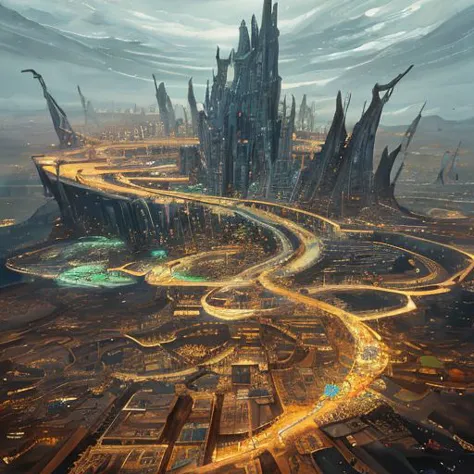 expansive, sprawling, barren mega city, epic, colorful, vivid, cinematic, hdr, hyper maximalist, elegant, fantasy, apocolyptic, ...