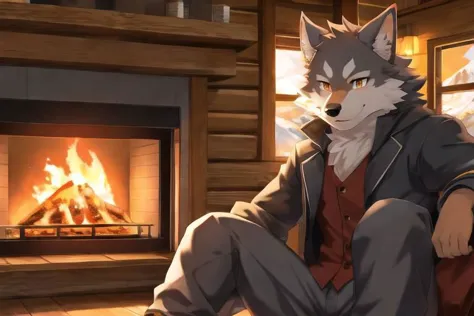 anime character sitting in front of a fireplace with a fire in the background