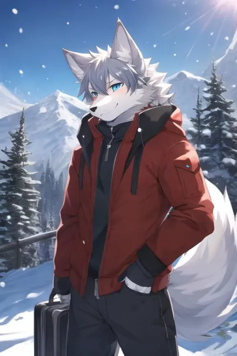 a man in a red jacket and black pants standing in the snow