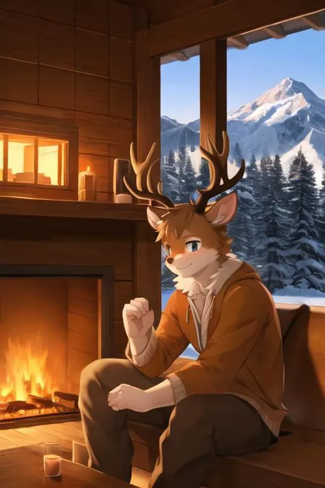 a cartoon deer sitting on a couch in front of a fireplace