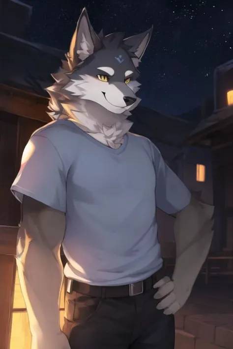 male wolf, solo, shirt, pants, cute smile, night background, stars, masterpiece, hires, high quality, insane lighting, good anatomy