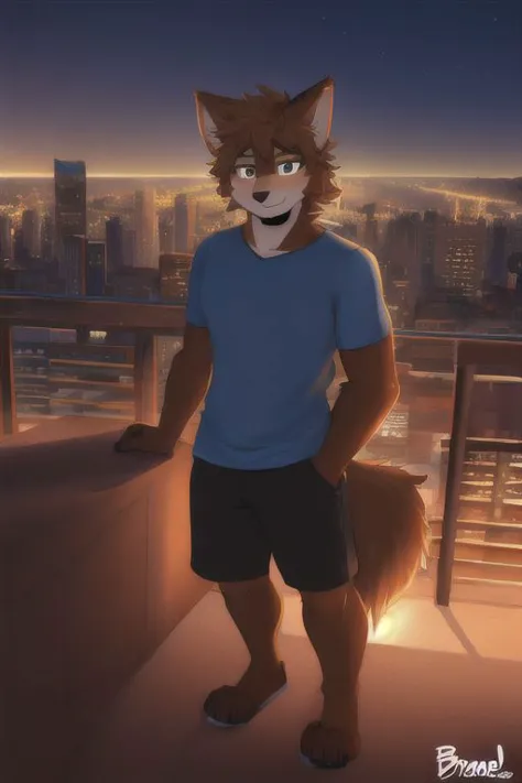 a cartoon fox standing on a balcony with a city in the background