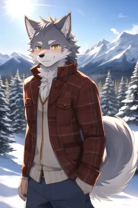 a close up of a person standing in the snow with a wolf