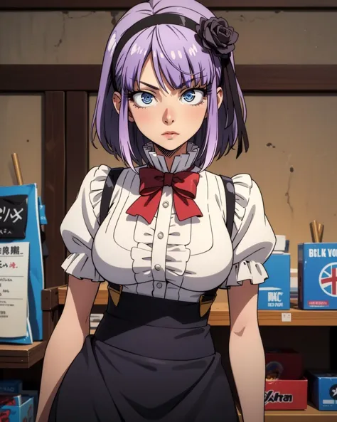 1girl, solo, <lora:Char_dkashi-ShidareHotaru:0.74> pikkyhotaru, 1girl, solo, looking at viewer, purple hair, short hair, ringed eyes, blue eyes, breasts, large breasts, hairband, hair ornament, hair flower, bow, ribbon, suspenders, skirt, high-waist skirt, frills, hair ribbon