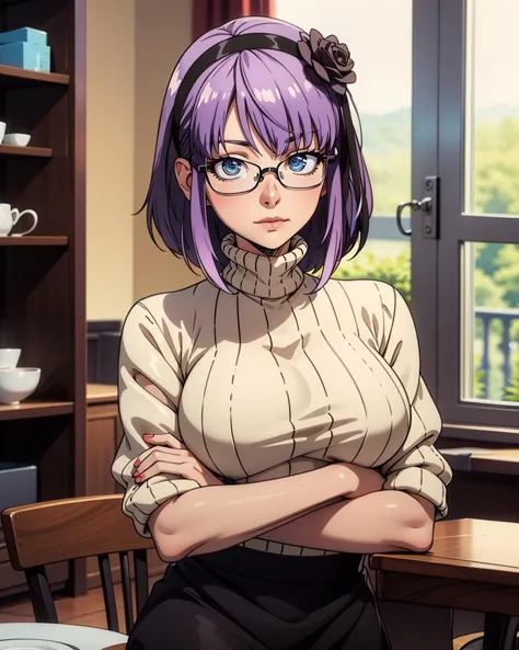 a woman with purple hair and glasses sitting at a table