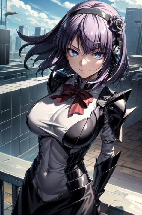 (masterpiece, best quality, detailed), 1girl, solo, pikkyhotaru, looking at viewer, purple hair, short hair, ringed eyes, blue eyes, breasts, large breasts, hairband, hair ornament, hair flower, bow, ribbon, hair ribbon,
stealthtech, cutting edge, scifi, bodysuit, shoulder armor, interface headset, sleek angular, outdoors, rooftop, day, cityscape, blue sky, cloud, scenery, railing, arms behind back, evil smile, closed mouth