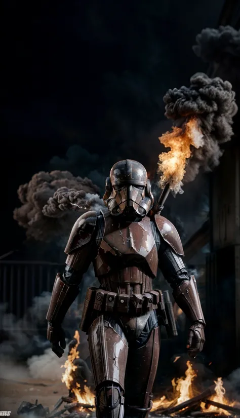 a man in a stormtrooper suit standing in front of a fire