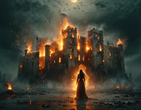 cinematic still vampire woman standing in front of a burning castle, night time, full moon in the sky with storm clouds in the d...