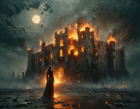 cinematic still vampire woman standing in front of a burning castle, night time, full moon in the sky with storm clouds in the d...