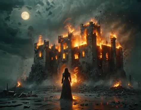 cinematic still vampire woman standing in front of a burning castle, night time, full moon in the sky with storm clouds in the d...