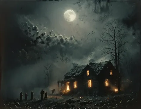 семейное воссоединение каннибалов во тьме Аппалачей, Ночное время, полная луна в небе с грозовыми облаками вдалеке, в стиле Николы Самори