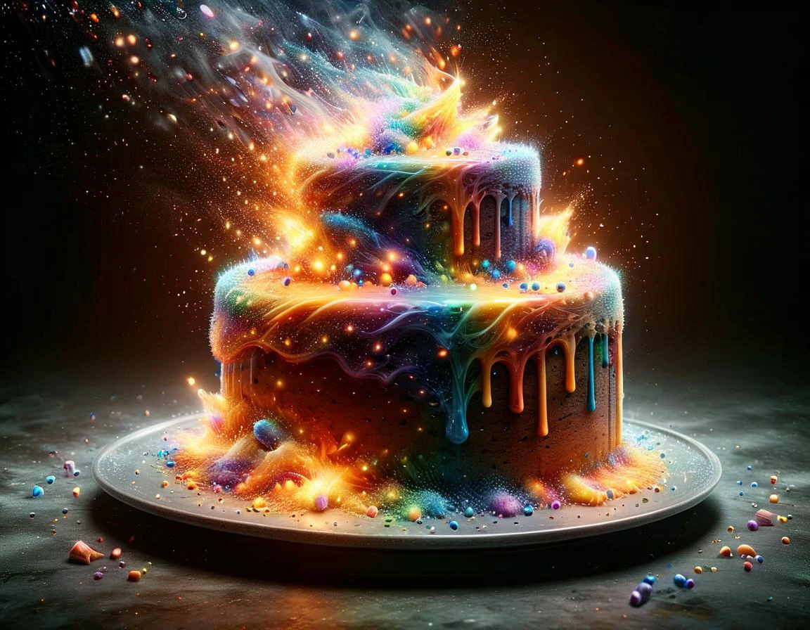 誕生日ケーキが結晶と炎に溶けていく, 8K ウルトラHD, 超現実的な, 富士フイルム