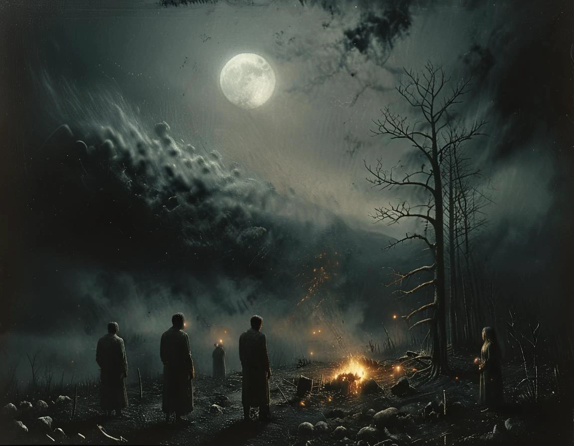 une réunion de famille de cannibales dans l&#39;obscurité des Appalaches, la nuit, pleine lune dans le ciel avec des nuages orageux au loin, dans le style artistique de Nicolas Samori