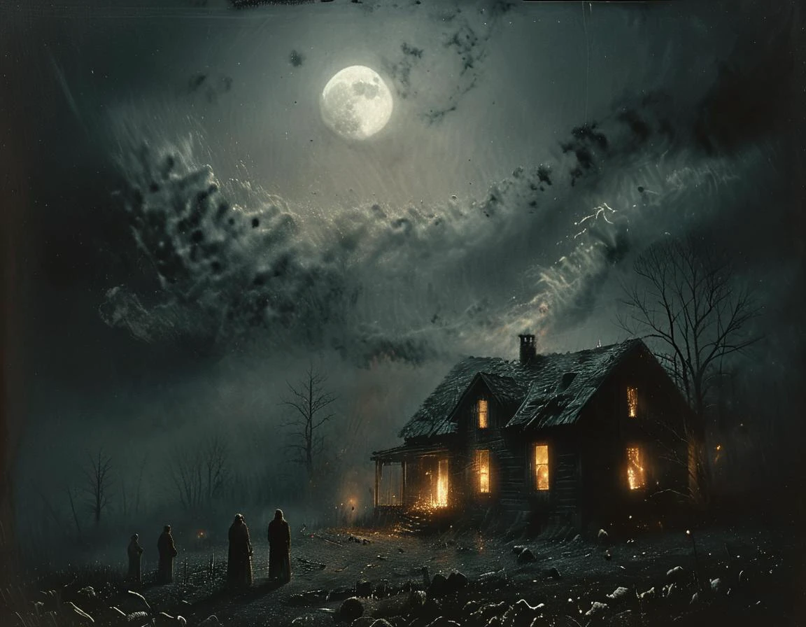 uma reunião familiar de canibais na escuridão das montanhas Apalaches, período noturno, lua cheia no céu com nuvens de tempestade à distância, no estilo artístico de Nicola Samori