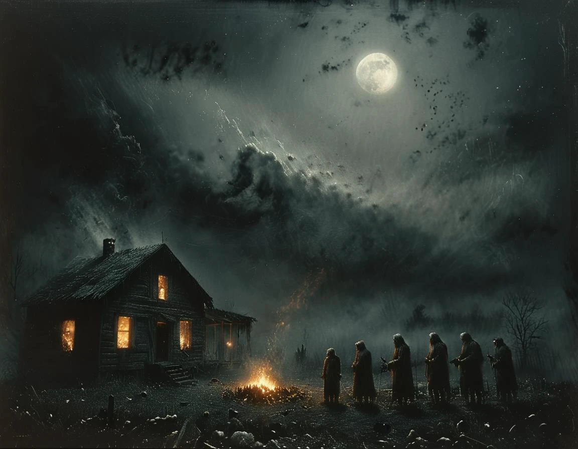 애팔래치아 산맥의 어둠 속에서 식인종의 가족 상봉, 밤 시간, 멀리 폭풍 구름이 있는 하늘의 보름달, 니콜라 사모리의 예술 스타일로