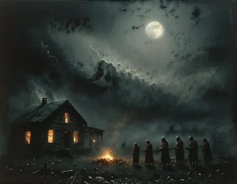 a family reunion of cannibals in the darkness of the Appalachian mountains, night time, full moon in the sky with storm clouds i...