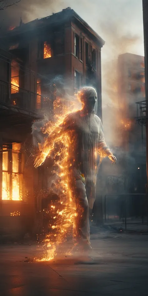 photo of a transparent ghost, transparent fullbody, running from a burning building, eerie lighting, chilling expression, realis...