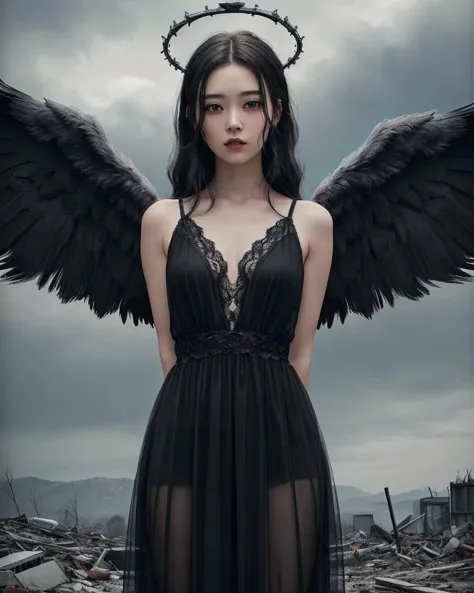(masterpiece, best quality, detailed photo), (1girl, black hair, angel of death, brown eyes, dark angel wings, black dress, full...