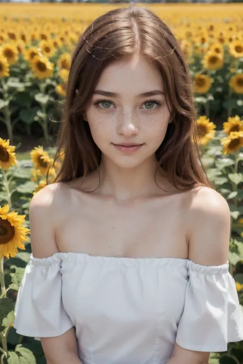 a woman in a white dress standing in a field of sunflowers