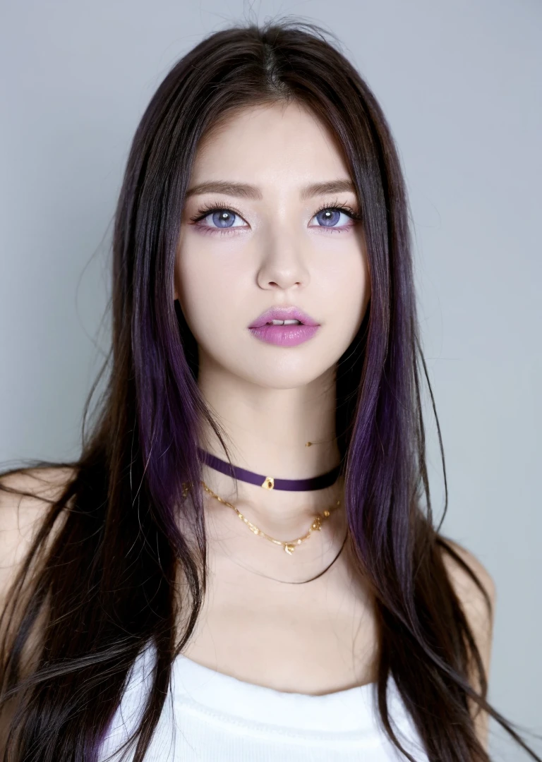 1girl, solo, upper body, looking at viewer, white background, light long hair, makeup, parted lips, necklace, gold, eyeliner, , ((purple eyes)), 