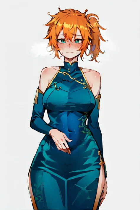 a woman in a blue dress with orange hair and a blue top