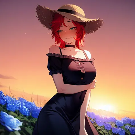 masterpiece, 1girl, ratatatat74 style <lora:ratatatat74 style:1>  ,cowboy shot,black dress,frills, frilled dress, straw hat, blue flowers,flower field, sunset, outdoors, detailed background, smile, red hair, green eyes, blush, choker