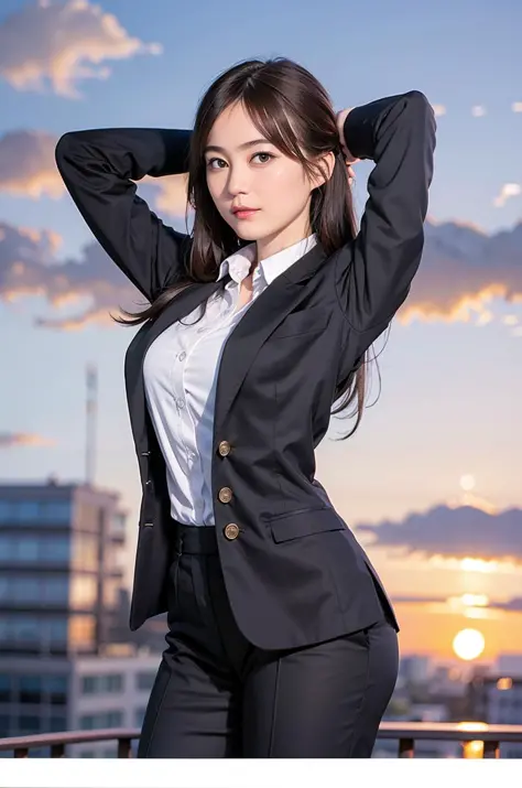 1girl,solo, parted lips,  office lady, business suit ,
skyline, cloud,sunset, arms behind head, looking at viewer,      
 <lora:...