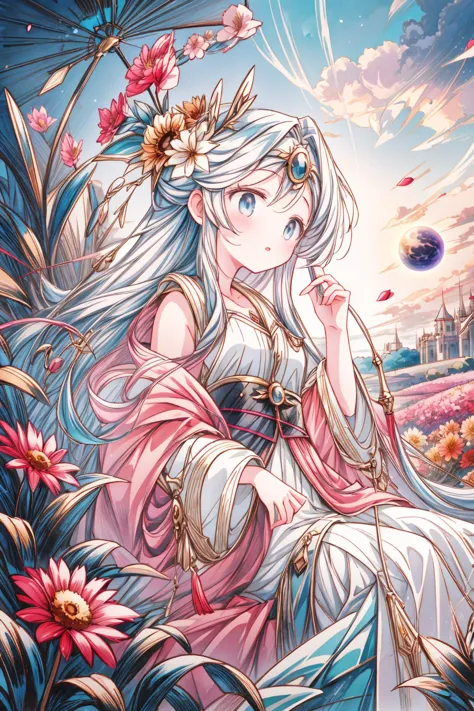 a girl with long white hair sitting in a field of flowers