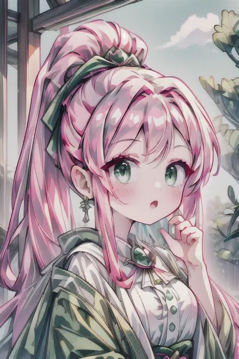 a close up of a girl with pink hair and a green dress