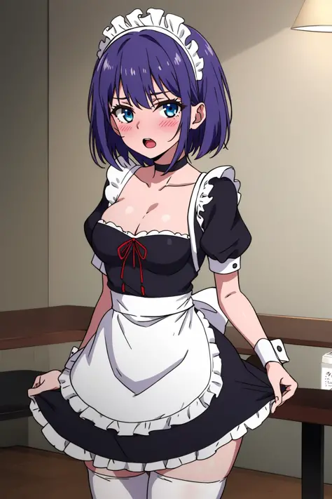 hoshizuki kaede, 1girl, purple hair, solo, breasts, looking at viewer, blush, short hair, open mouth, blue eyes, thighhighs, dress, cleavage, medium breasts, short sleeves, frills, choker, puffy sleeves, black thighhighs, apron, puffy short sleeves, zettai ryouiki, wrist cuffs, maid, maid headdress, white apron, maid apron 