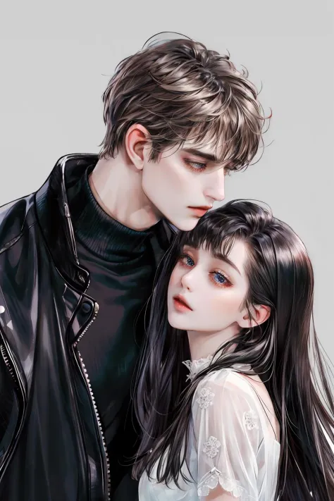(masterpiece, best quality), 2others, couple, 1boy with 1girl, Height difference, different color, upper body, from side, profil...