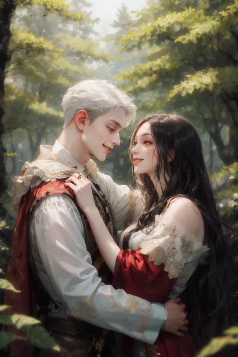 (absurdres, highres, ultra detailed), 2others, couple, 1man with 1woman, mature, Height difference, different hair color, happy, love, hug, upper body, long hair, black hair and white hair, fantasy, forest, looking at each other