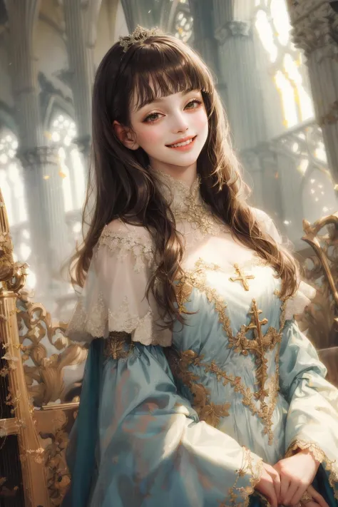 (absurdres, highres, ultra detailed), 1girl, solo, mature, aged up, (long hair, blunt bangs), baroque, long dress, long sleeve, ...