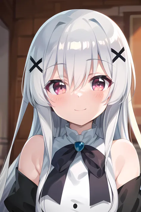 anime girl with long white hair and black bow tie